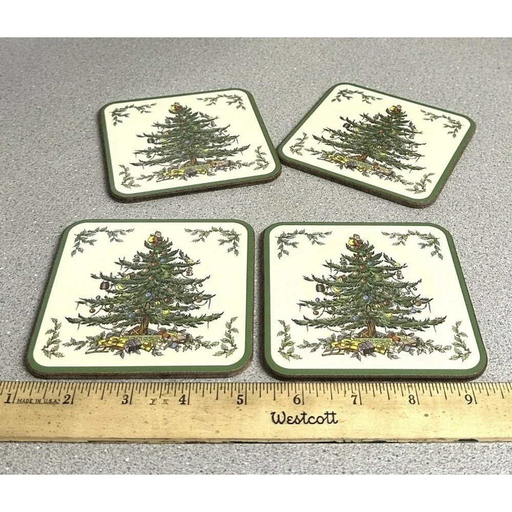 Vintage Spode Christmas Tree Pimpernel Hard Coasters Back Placemats Set Of 4